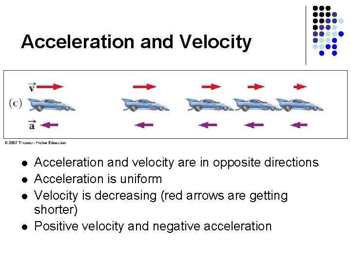 Acceleration and Velocity l l Acceleration and velocity are in opposite directions Acceleration is
