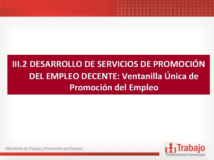 III. 2 DESARROLLO DE SERVICIOS DE PROMOCIÓN DEL EMPLEO DECENTE: Ventanilla Única de Promoción