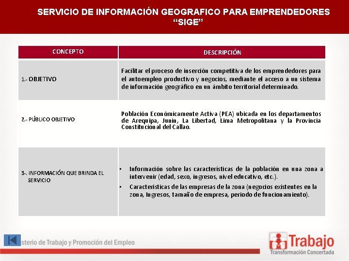 SERVICIO DE INFORMACIÓN GEOGRAFICO PARA EMPRENDEDORES “SIGE” CONCEPTO DESCRIPCIÓN 1. - OBJETIVO Facilitar el