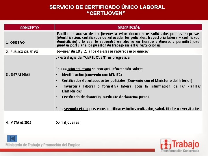 SERVICIO DE CERTIFICADO ÚNICO LABORAL “CERTIJOVEN” CONCEPTO 1. - OBJETIVO 2. - PÚBLICO OBJETIVO