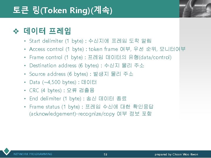 토큰 링(Token Ring)(계속) LOGO v 데이터 프레임 • Start delimiter (1 byte) : 수신지에