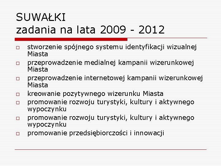 SUWAŁKI zadania na lata 2009 - 2012 o o o o stworzenie spójnego systemu