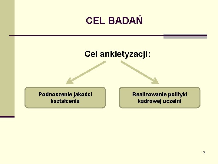 CEL BADAŃ Cel ankietyzacji: Podnoszenie jakości kształcenia Realizowanie polityki kadrowej uczelni 3 