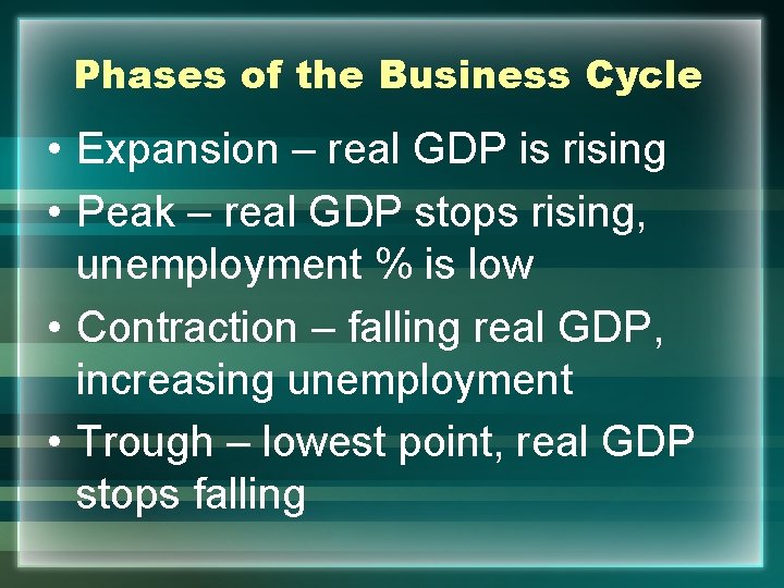 Phases of the Business Cycle • Expansion – real GDP is rising • Peak