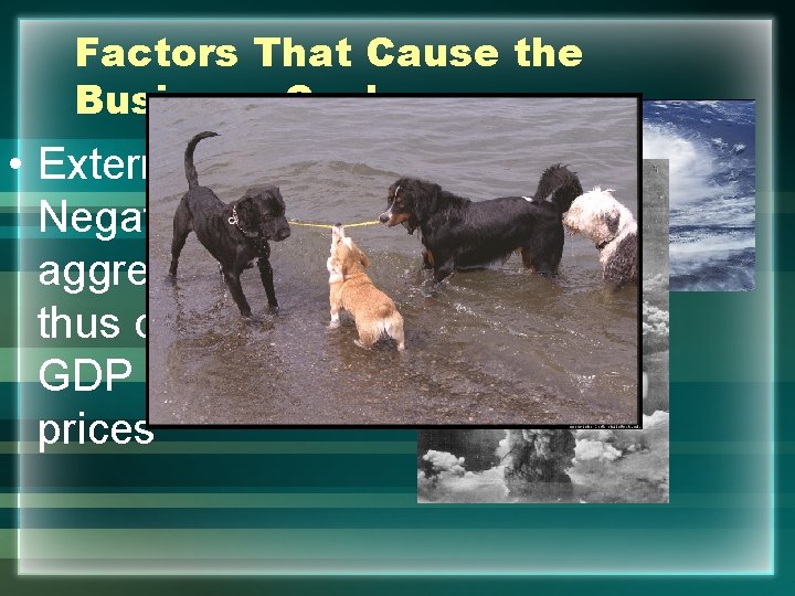 Factors That Cause the Business Cycle • External Shocks – Negatively affect aggregate supply,
