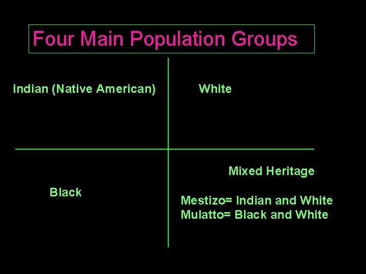 Four Main Population Groups Indian (Native American) White Mixed Heritage Black Mestizo= Indian and