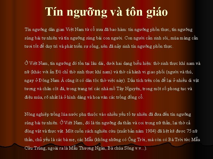 Tín ngưỡng và tôn giáo Tín ngưỡng dân gian Việt Nam từ cổ xưa