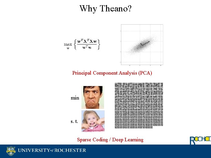 Why Theano? w Principal Component Analysis (PCA) min s. t. Sparse Coding / Deep