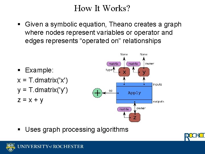 How It Works? § Given a symbolic equation, Theano creates a graph where nodes