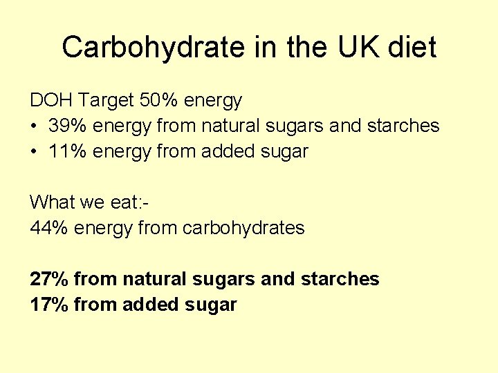 Carbohydrate in the UK diet DOH Target 50% energy • 39% energy from natural