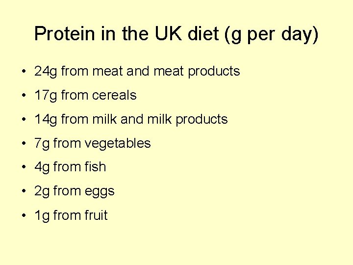 Protein in the UK diet (g per day) • 24 g from meat and