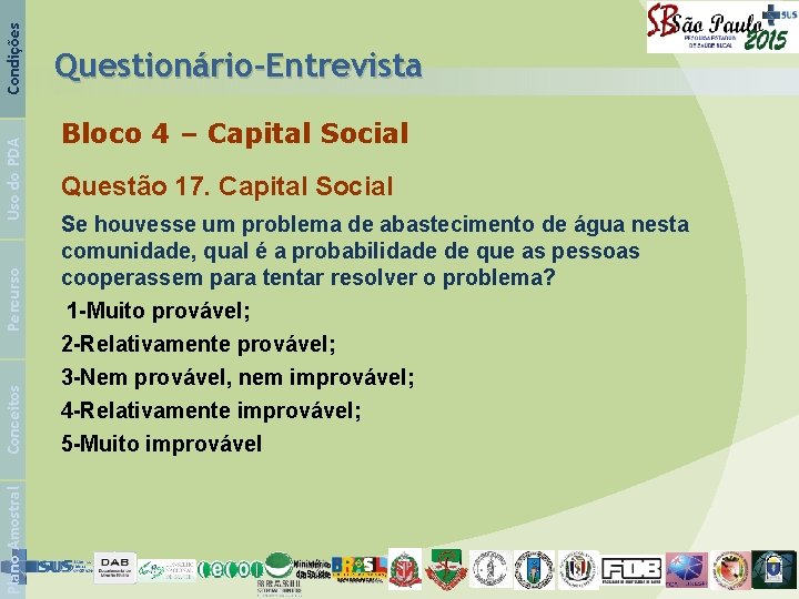 Condições Uso do PDA Percurso Conceitos Plano Amostral Questionário-Entrevista Bloco 4 – Capital Social