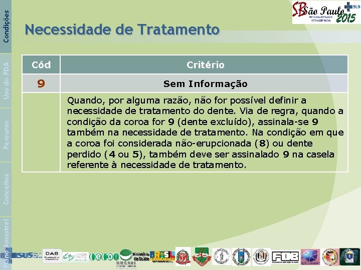 Condições Uso do PDA Percurso Conceitos Plano Amostral Necessidade de Tratamento Cód Critério 9