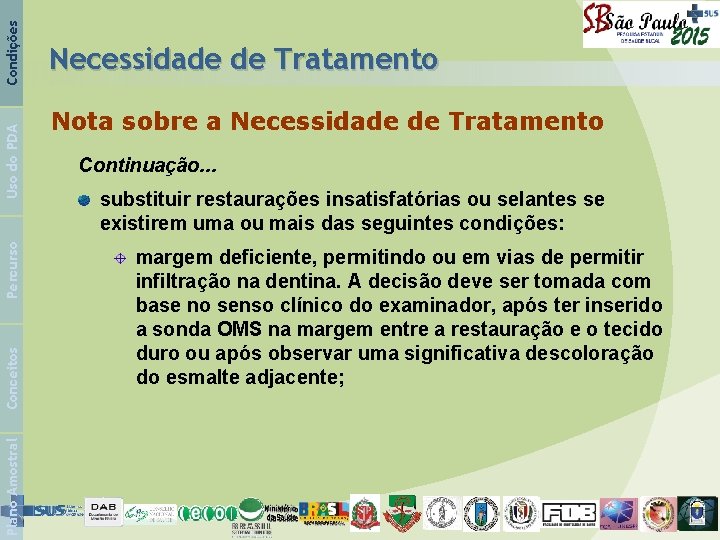 Condições Uso do PDA Percurso Conceitos Plano Amostral Necessidade de Tratamento Nota sobre a