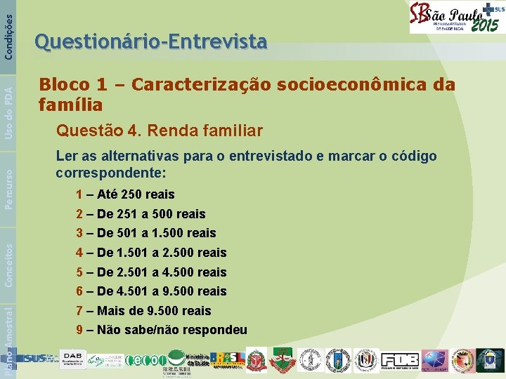 Condições Uso do PDA Percurso Questionário-Entrevista Bloco 1 – Caracterização socioeconômica da família Questão