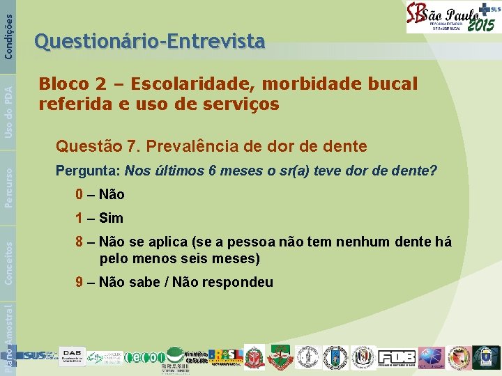 Condições Uso do PDA Percurso Questionário-Entrevista Bloco 2 – Escolaridade, morbidade bucal referida e