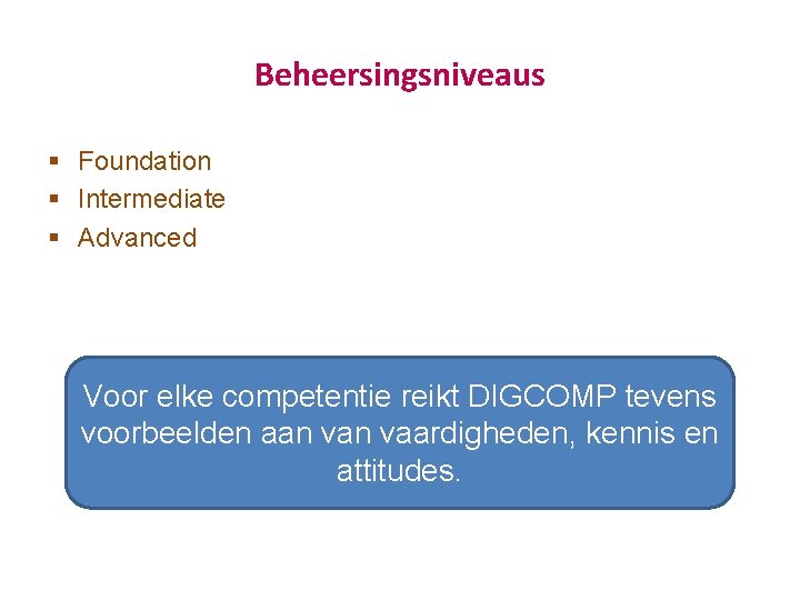 Beheersingsniveaus § Foundation § Intermediate § Advanced Voor elke competentie reikt DIGCOMP tevens voorbeelden Beheersingsniveaus § Foundation § Intermediate § Advanced Voor elke competentie reikt DIGCOMP tevens voorbeelden