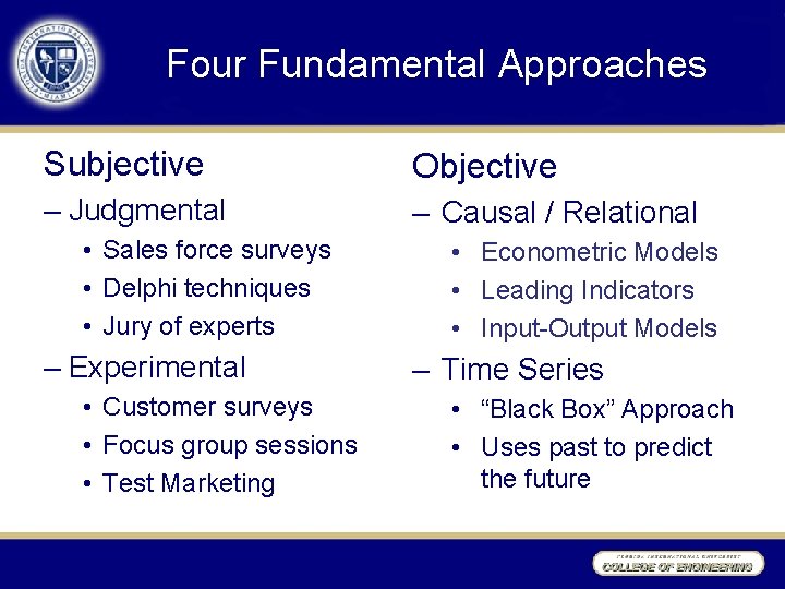 Four Fundamental Approaches Subjective Objective – Judgmental – Causal / Relational • Sales force