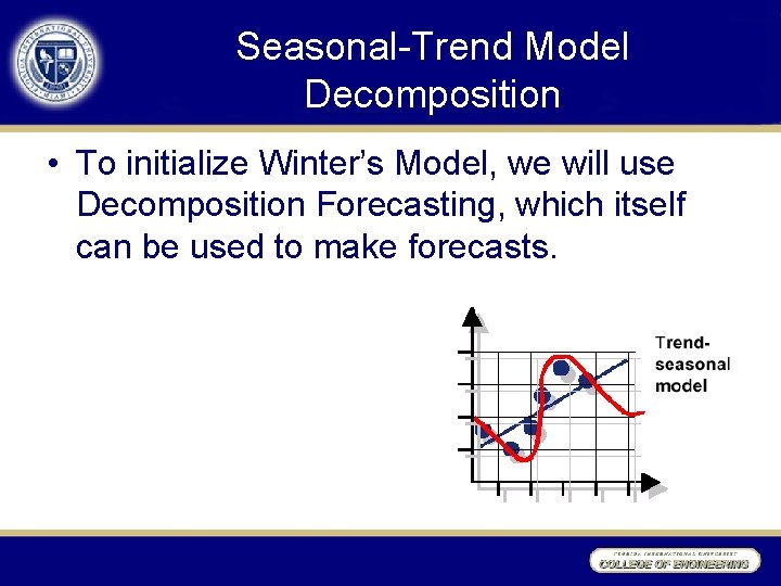 Seasonal-Trend Model Decomposition • To initialize Winter’s Model, we will use Decomposition Forecasting, which