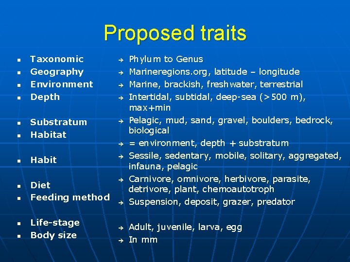 Proposed traits n n n Taxonomic Geography Environment Depth Substratum Habitat n n n