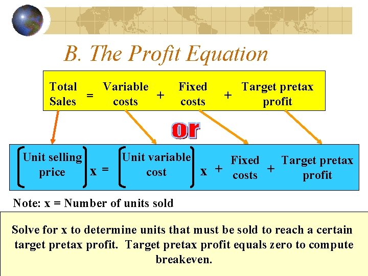 B. The Profit Equation Total Variable + Sales = costs Unit selling x= price