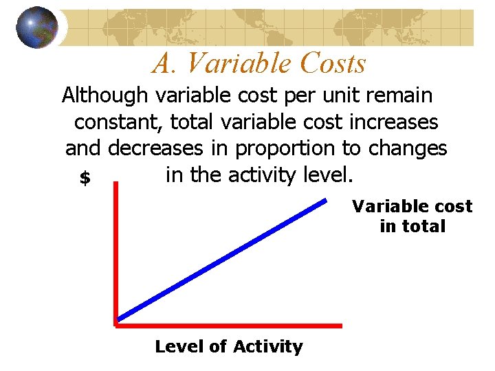 A. Variable Costs Although variable cost per unit remain constant, total variable cost increases