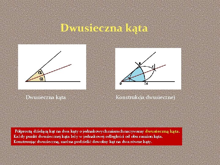 Dwusieczna kąta Konstrukcja dwusiecznej Półprostą dzielącą kąt na dwa kąty o jednakowych miarach nazywamy