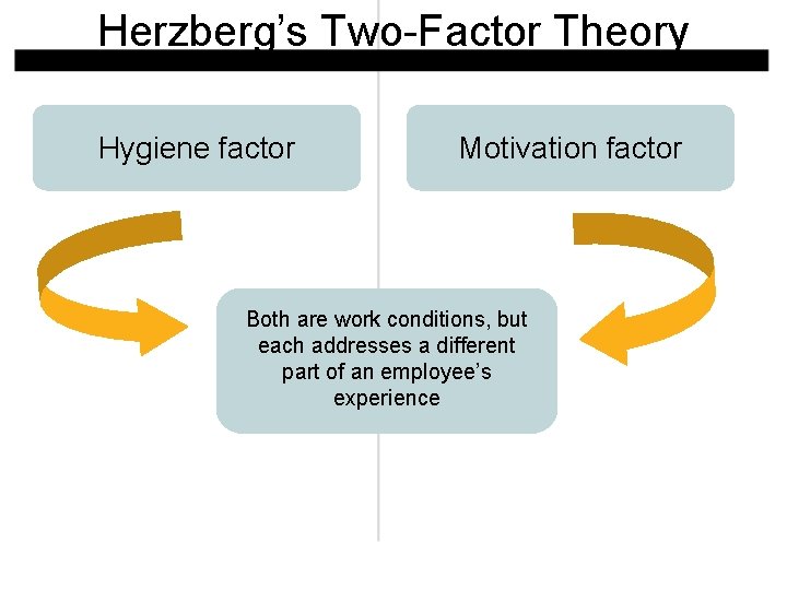 Herzberg’s Two-Factor Theory Hygiene factor Motivation factor Both are work conditions, but each addresses