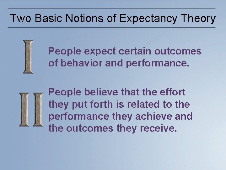 Two Basic Notions of Expectancy Theory People expect certain outcomes of behavior and performance.