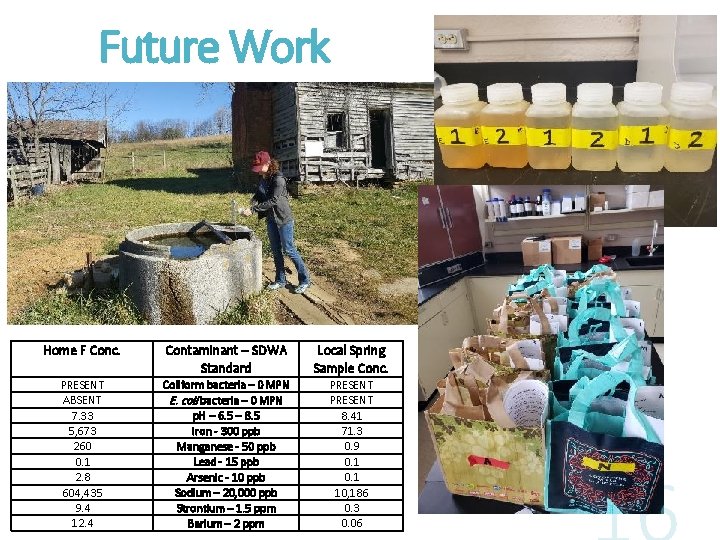 Future Work Home F Conc. Contaminant – SDWA Standard Local Spring Sample Conc. PRESENT