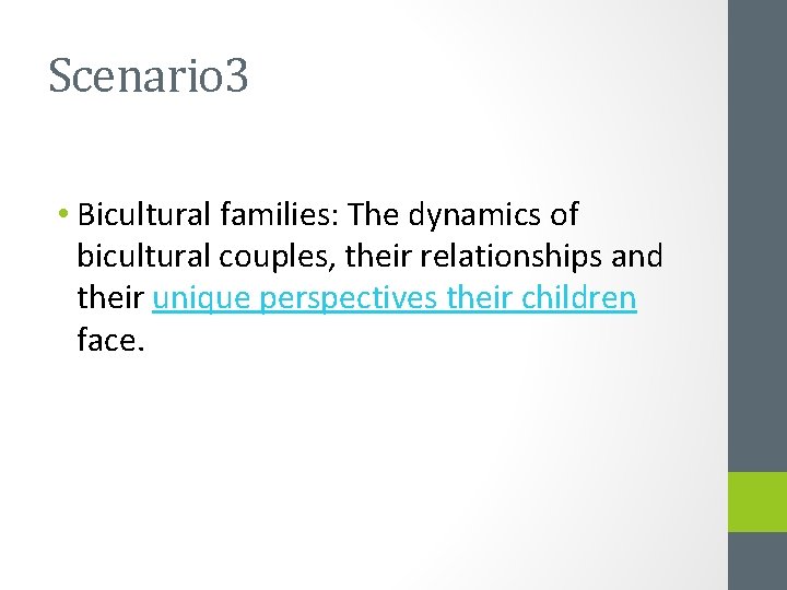 Scenario 3 • Bicultural families: The dynamics of bicultural couples, their relationships and their