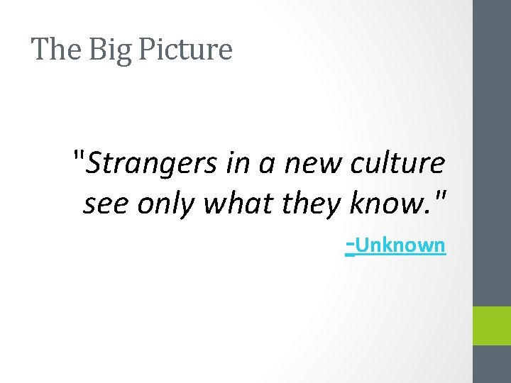 The Big Picture "Strangers in a new culture see only what they know. "