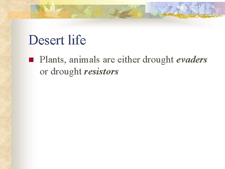 Desert life n Plants, animals are either drought evaders or drought resistors 