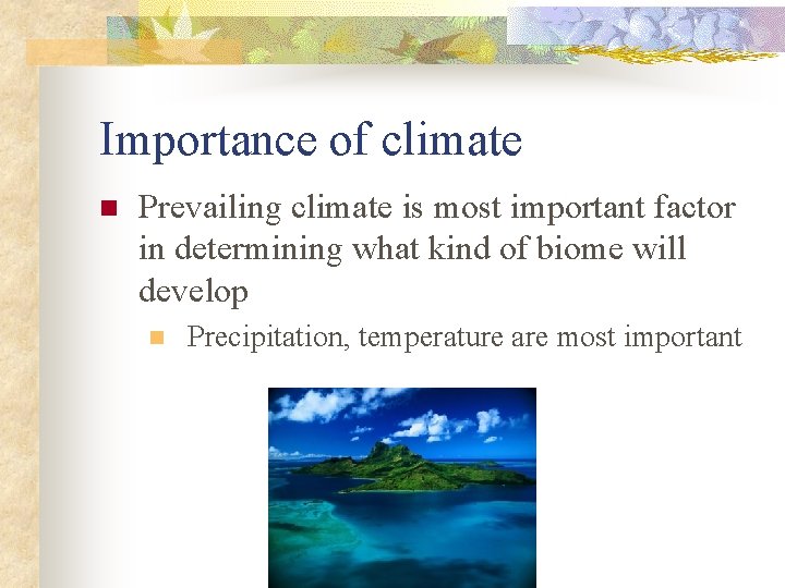 Importance of climate n Prevailing climate is most important factor in determining what kind