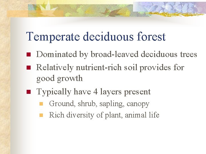 Temperate deciduous forest n n n Dominated by broad-leaved deciduous trees Relatively nutrient-rich soil