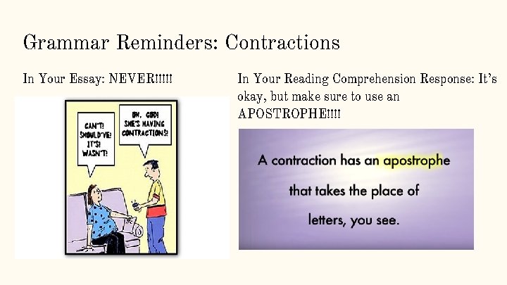 Grammar Reminders: Contractions In Your Essay: NEVER!!!!! In Your Reading Comprehension Response: It’s okay,