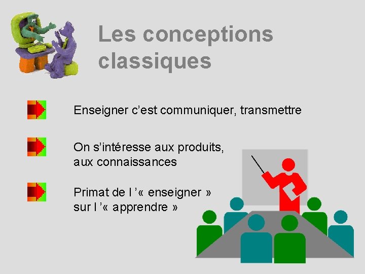 Les conceptions classiques Enseigner c’est communiquer, transmettre On s’intéresse aux produits, aux connaissances Primat