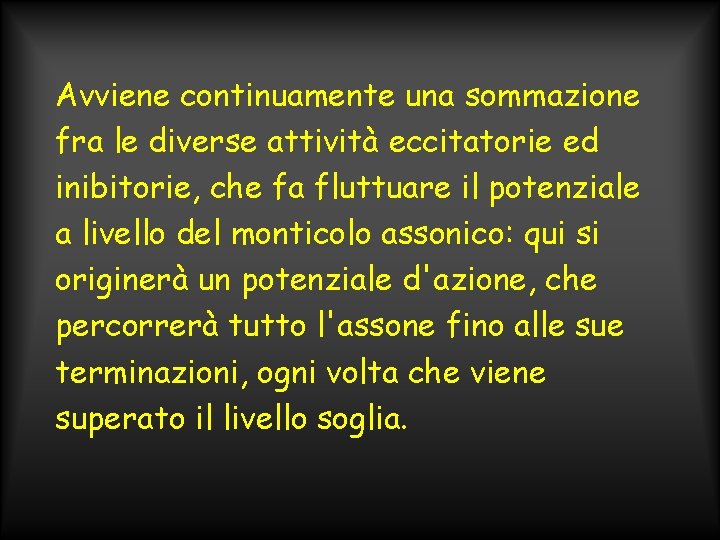 Avviene continuamente una sommazione fra le diverse attività eccitatorie ed inibitorie, che fa fluttuare