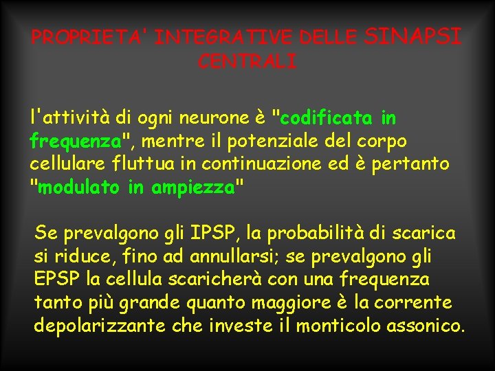 PROPRIETA' INTEGRATIVE DELLE SINAPSI CENTRALI l'attività di ogni neurone è "codificata in frequenza", mentre