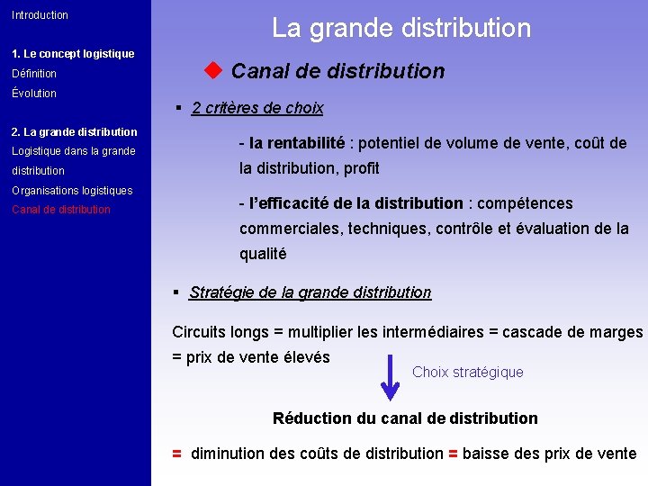 Introduction 1. Le concept logistique Définition Évolution 2. La grande distribution u Canal de