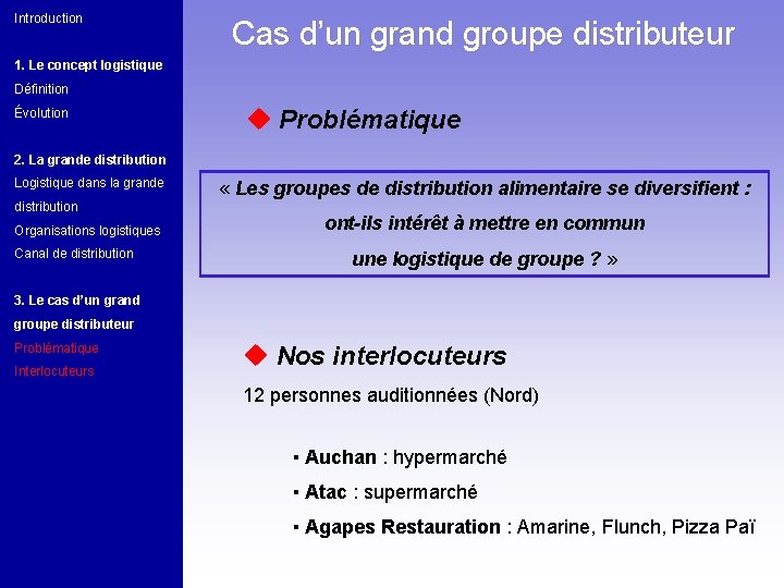 Introduction Cas d’un grand groupe distributeur 1. Le concept logistique Définition Évolution u Problématique