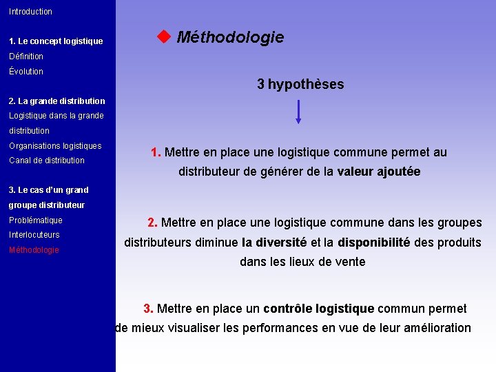 Introduction 1. Le concept logistique u Méthodologie Définition Évolution 3 hypothèses 2. La grande