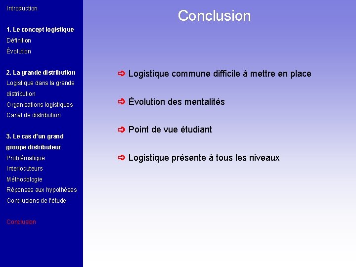 Introduction Conclusion 1. Le concept logistique Définition Évolution 2. La grande distribution ➩ Logistique