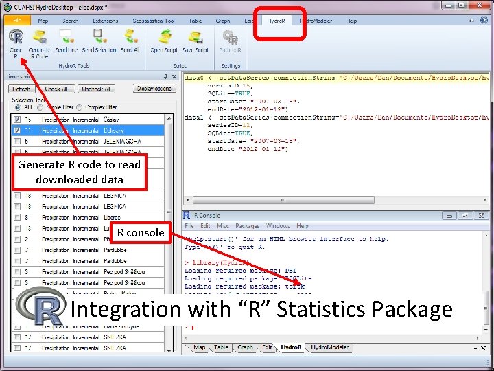 Generate R code to read downloaded data R console Integration with “R” Statistics Package