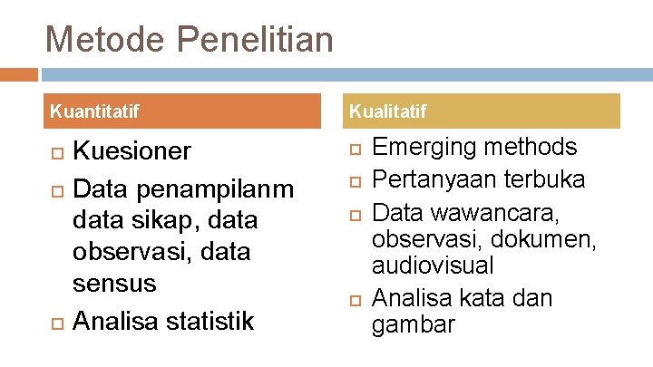 Metode Penelitian Kuantitatif Kuesioner Data penampilanm data sikap, data observasi, data sensus Analisa statistik