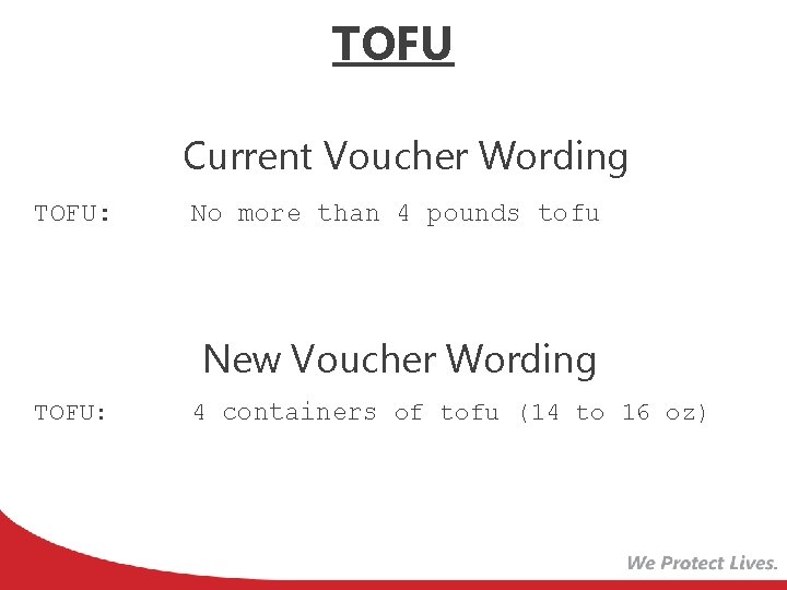 TOFU Current Voucher Wording TOFU: No more than 4 pounds tofu New Voucher Wording