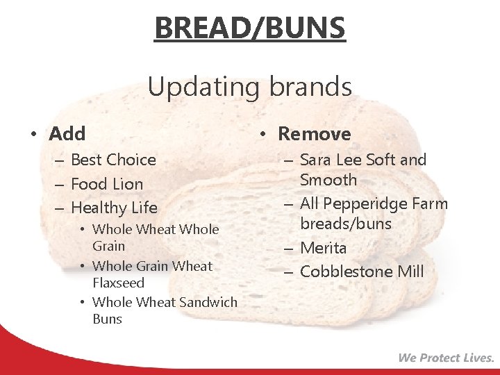 BREAD/BUNS Updating brands • Add – Best Choice – Food Lion – Healthy Life