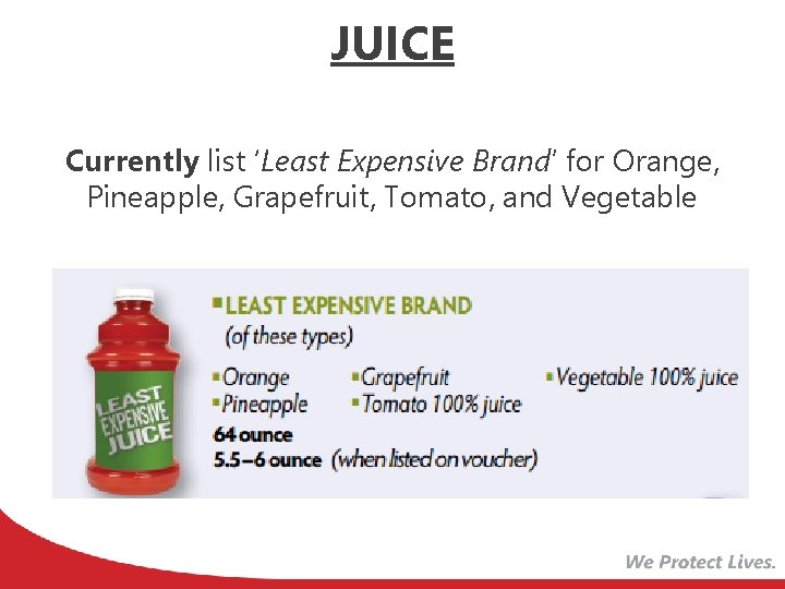 JUICE Currently list ‘Least Expensive Brand’ for Orange, Pineapple, Grapefruit, Tomato, and Vegetable 