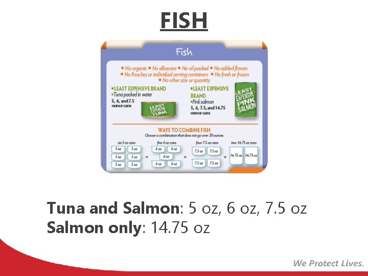 FISH Tuna and Salmon: 5 oz, 6 oz, 7. 5 oz Salmon only: 14.