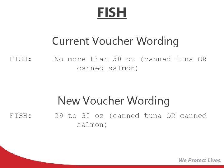 FISH Current Voucher Wording FISH: No more than 30 oz (canned tuna OR canned